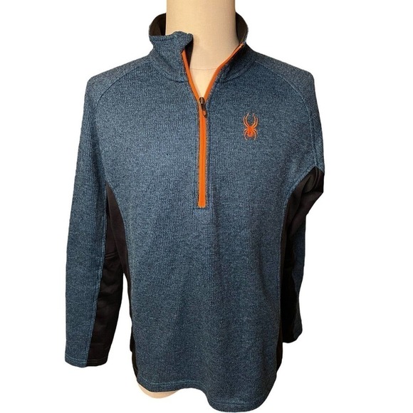 Spyder Men's 1/4 Zip Pullover, Heavyweight Blue and Orange Waffle Knit Large - Picture 1 of 9